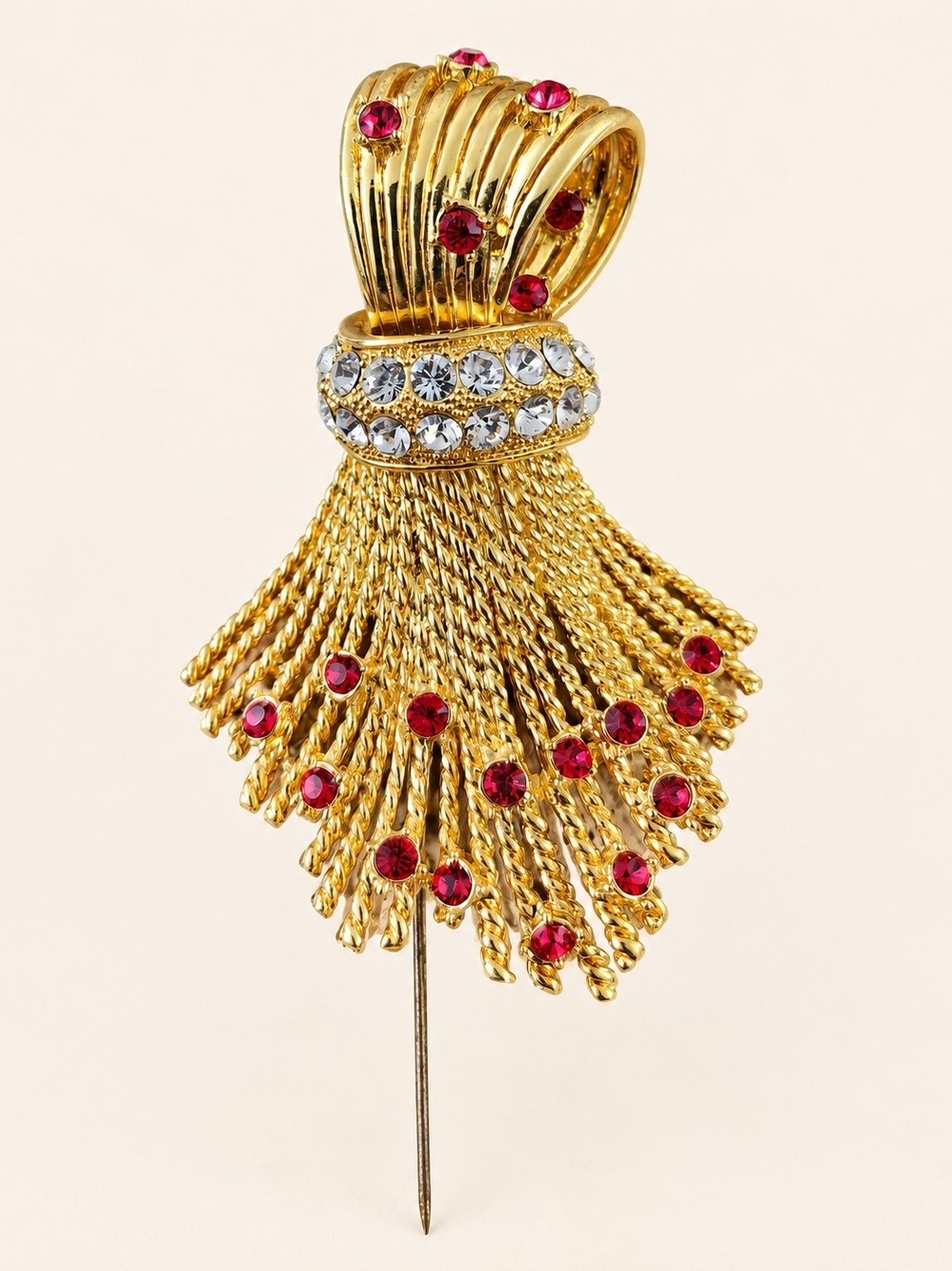 Gold Tassel Stick Pin Brooch with Red Rhinestones